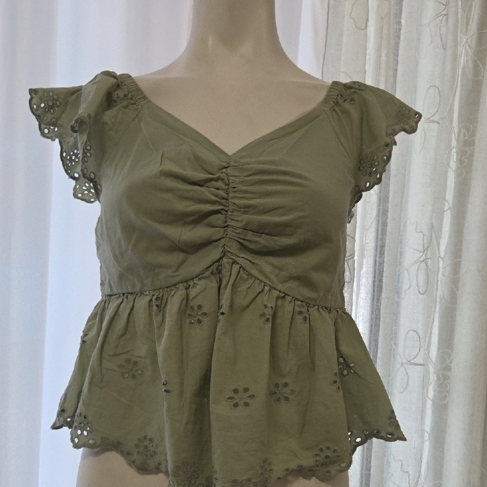Jopra Green Cotton Top Embroidered Detail Women’s Blouse Medium Sz [1458]
